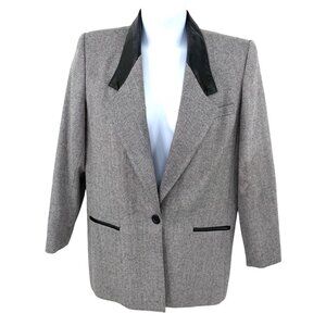 VINTAGE KASPER FOR A.S.L. B&W CHECKERED SUIT BLAZER W/ LEATHER COLLAR -14